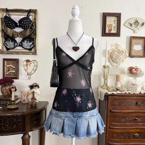 Y2k 2002 dainty coquette girly grunge sheer black mesh pink floral cami top w la